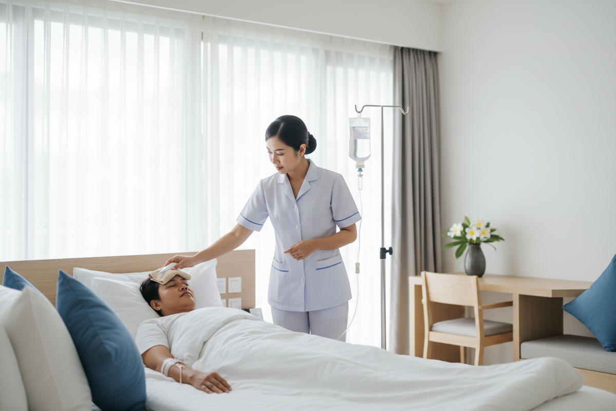A nurse checking a patient's temperature in a bright hospital room with an IV drip.